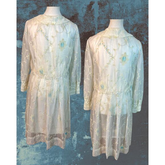 Vintage 60s 70s Victorian Sheer Damask White Aqua Fringe Jabot Shirt Dress S/M - Picture 4 of 6